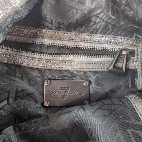 7 For All Mankind Leather Purse Shoulder Bag Silver Distressed Studded Hobo Flap - Picture 13 of 16